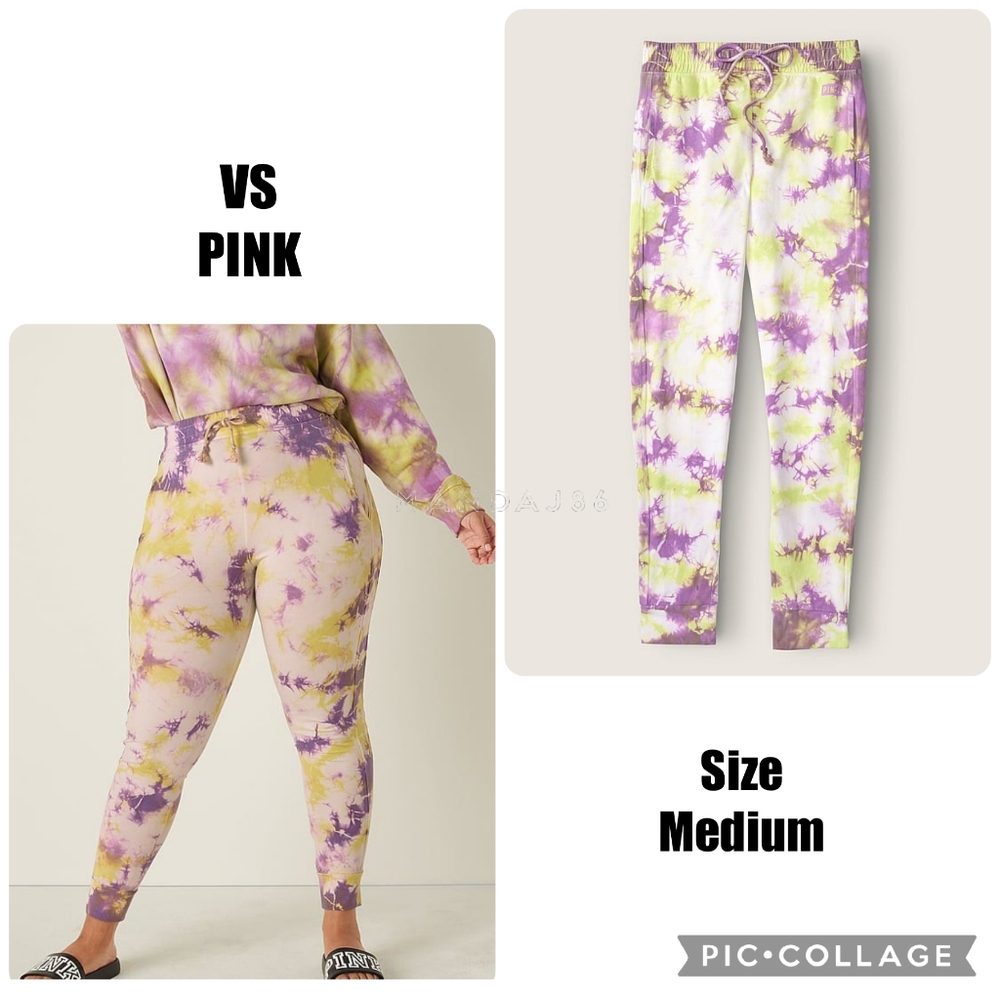 VS PINK Amethyst Purple Lime Tie Dye Cotton High Waist Campus Joggers Medium NEW